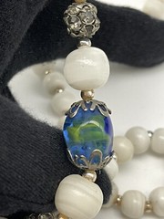 Vintage White Natural Stone Infused Art Glass Aurora Bead Crystals 28” Necklace