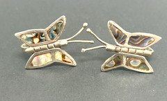 Vintage Mexico 925 Sterling Silver Abalone Butterfly Screw Back Earrings