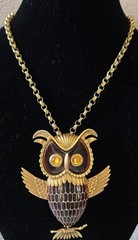 Vintage Articulated Owl Pendant Necklace Amber Lucite Eyes Wings Tail Gold Tone