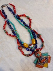Vtg One-of-a-kind Coral Lapis Turquoise Tibetan Handmade Huge Necklace Pendant