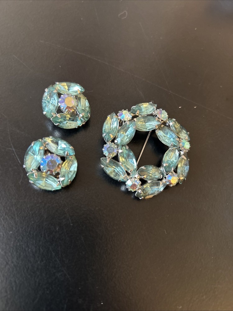 Vintage Aqua Blue Rhinestone Wreath Brooch and Clip On Earrings Set AB Accents