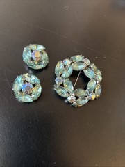 Vintage Aqua Blue Rhinestone Wreath Brooch and Clip On Earrings Set AB Accents