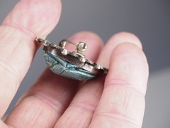 Antique brooch pin Egyptian scarab silver & ceramic jewelry signed in two places