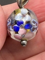 Art Glass Floral Bead Pendant Necklace 18” Blue White