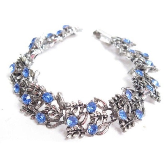 Vintage Silver Toned Blue Rhinestone Floral Bracelet 7.5
