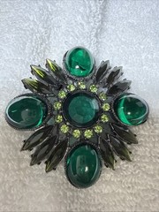 Vintage Emerald And Lime Green Floral Art Brooch With Silver Tone Back