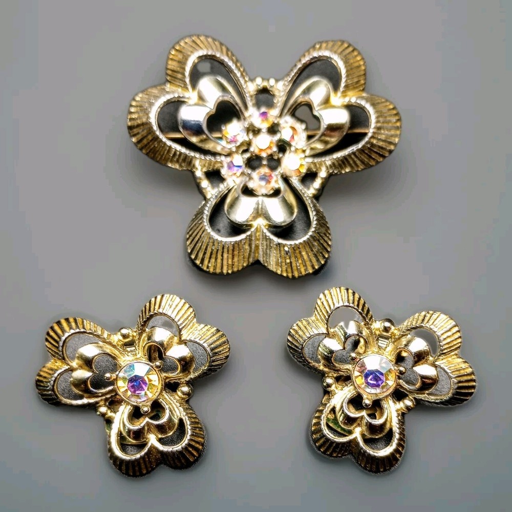 Vintage 3 Piece Set Brooch And Clip-On Earrings Aurora Borealis Rhinestones