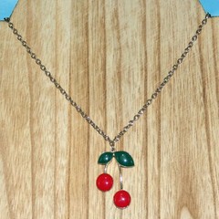 SUGARFIX Cherry Pendant Necklace Fruit Cherries Enamel Gold Tone Chain Signed