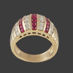 Solid 14K Yellow Gold, Seven Row 1.35 CTW Ruby & Diamond Cigar Band Estate Ring