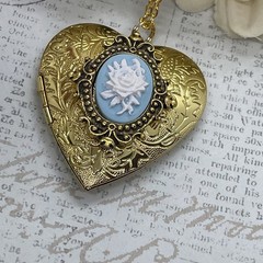 Gold Heart Locket Photo Birthday Anniversary Wedding Blue Rose Cameo Necklace