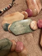 Vintage Art Deco Carved Bovine Necklace Pastel Pink Green Hexagon Geometric 34”