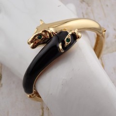 Jackie Collins 2 Panther Enamel Black Gold Tone Rhinestone 6.5″ Hinged Bangle