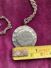 VTG Pewter Necklace Kjeld Hansen Viking Ship Copenhagen Pendant Denmark 1″ Chain