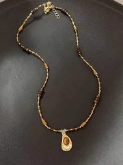 Vintage Natural Stone Pendant Necklace Brown Leather Cord Sweater Chain