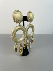 Vintage 80s HUGE Leather and Rhinestone beaded Clip earrings STATEMENT 5″ X 1.8″