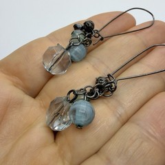 Vtg Blue Green Acrylic Beaded Dangle Drop Statement Earrings Long Hook Gunmetal