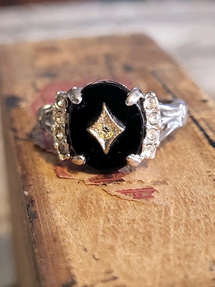 Vintage Black Onyx 18KT GE Silver Clear CZ Crystal Ring Size 9mm Art Deco