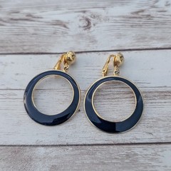 Vintage Clip On Earrings – Extra Large Dark Blue & Gold Tone Circle Dangle Drop