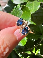 VINTAGE 14K GOLD BLUE SAPPHIRE DIAMOND TOI ET MOI RING ENGAGEMENT ANNIVERSARY