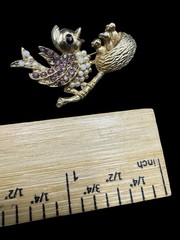 Vintage Bird Nest Brooch Rhinestone Pearl Chick Figural Gold Tone Birds Pin