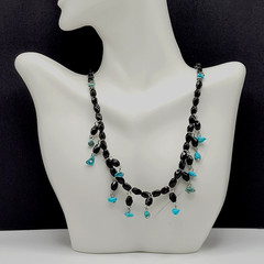 Southwestern Style Black Glass Faux Turquoise Beaded Fringe Vintage Necklace