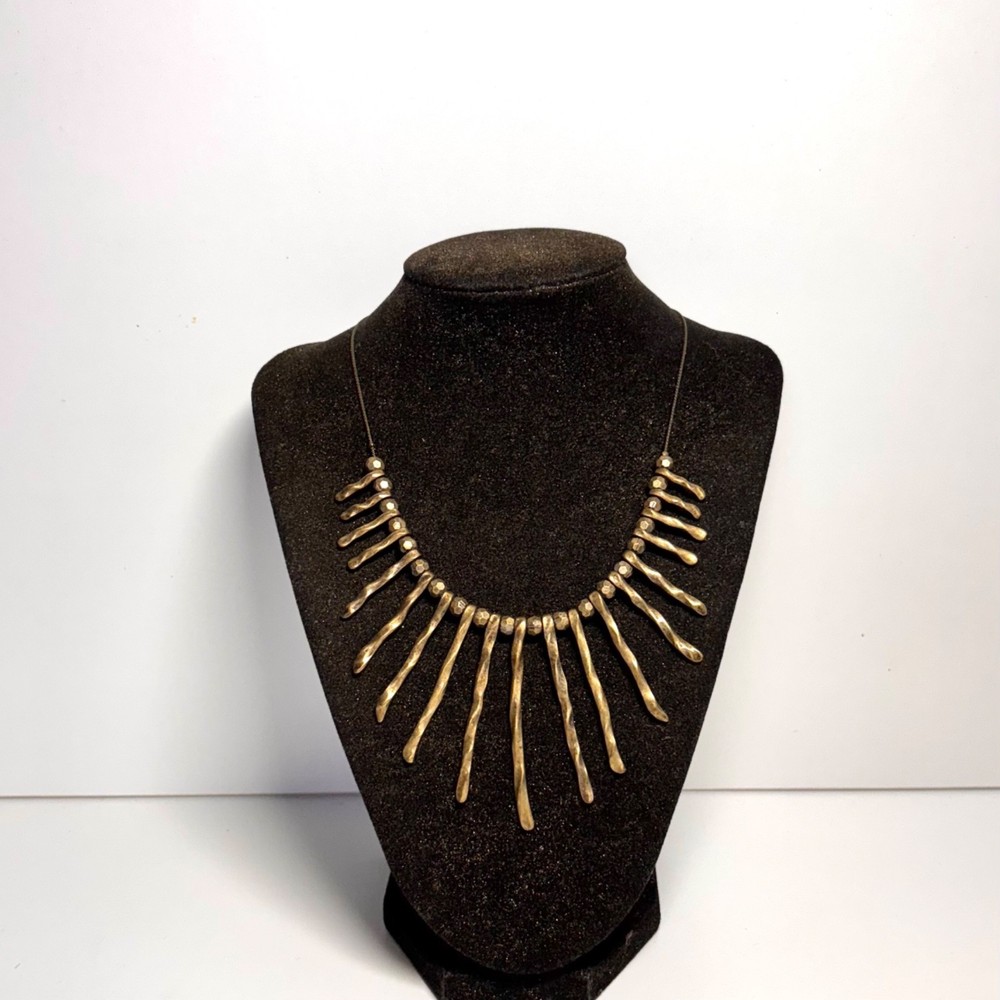 VCLM necklace brasstone metal twisted sticks beads on chain bib vintage