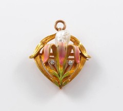 14k Gold Krementz Enamel Diamond Pearl Brooch Watch Pin Pendant