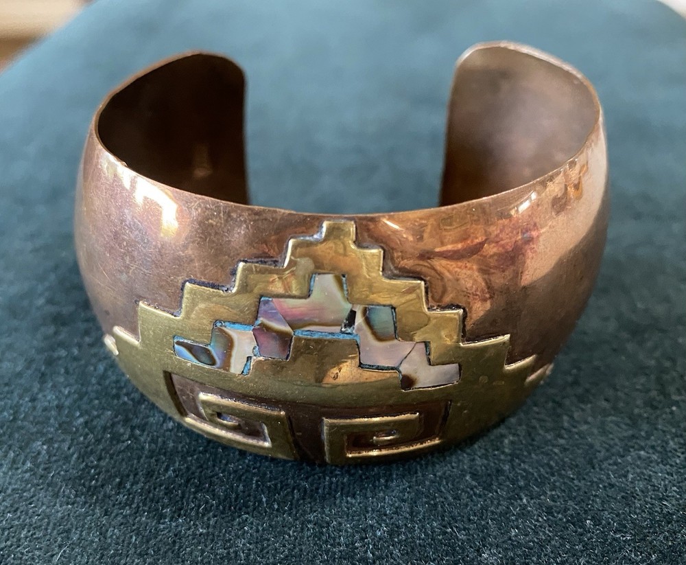 VINTAGE MEXICO COPPER BRASS & ABALONE INLAY CUFF BRACELET