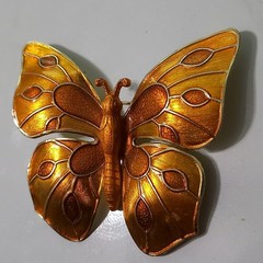Vintage Made in Germany Enamel Butterfly Brooch Pin Orange Amber Gold Tone LARGE