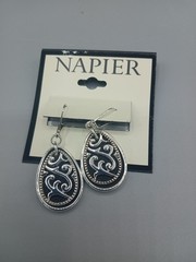 Napier Silver Tone Teardrop Filigree Drop Dangle Earrings Black Enamel Pierced N