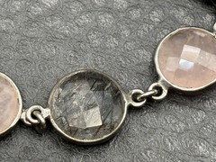 Vintage Sterling Silver 925 Faceted Gemstone Bracelet Rutilated and Rose Quartz