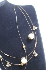 Vintage Floating Necklace 3 Strand Gold Tone Beaded Small Pearls Stones Charms