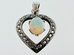 Vintage Unmarked Silver Toned Genuine Opal and Rhinestone Heart Pendant 2g .75In