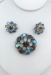 Vintage WEISS Brooch Earrings SET AB Rhinestone Smoky Gray & Aurora Borealis