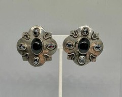 Vikki Carr Estate Native American Onyx Agate Silver Earrings Certificate Authent