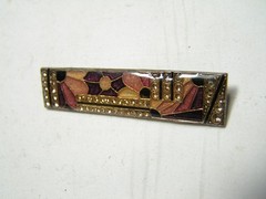 …Vtg/Antique Silver Tone, Enamel, Rhinestones Abstract Flowers Design Brooch..