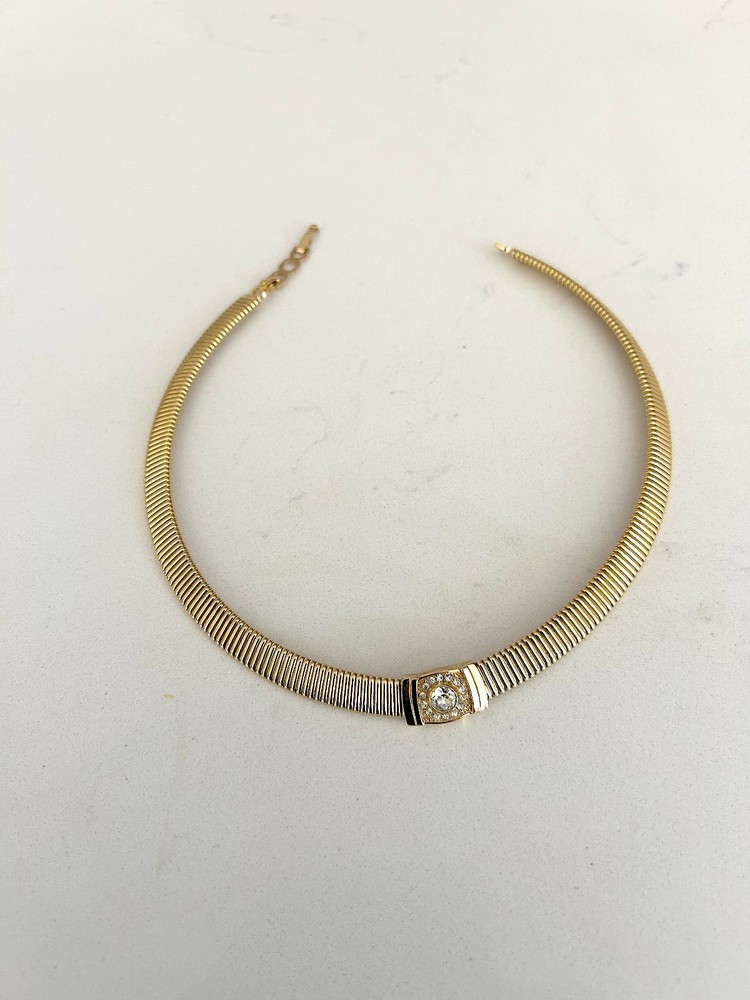 Vintage Christian Dior Clear Rhinestones Choker Necklace Gold Plated 16.5″