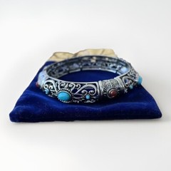 Barzel Silver Plated Stretch Cuff Bracelet Bangle Turquoise & Amber Stones Boho