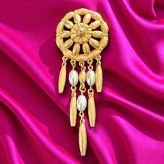 Faux Pearl Waterfall Brooch Gold Tone Dangle Statement Pin Vintage Tona