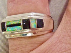 VINTAGE STERLING SILBER ONYX OPAL BAND RING SIZE 8.5 MAN MADE OPAL RING