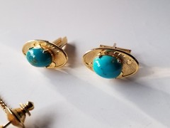 Vintage Matching Set Cufflinks, Tie Bar & Tack Gold Tone W Faux Turquoise Stones