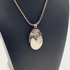MERAV 925 Sterling Silver Vintage Real MOP Feather Flower Oxidized Pendant