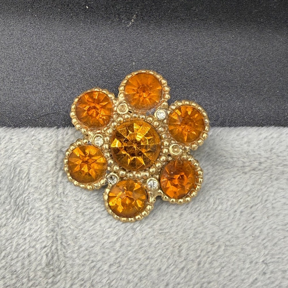 Vintage Rhinestone Brooch Gold Tone Orange Rhinestone Flower READ