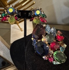 Gold Tone Fruit Salad Juliana Style Prong Rhinestones Brooch Clip Earrings Set