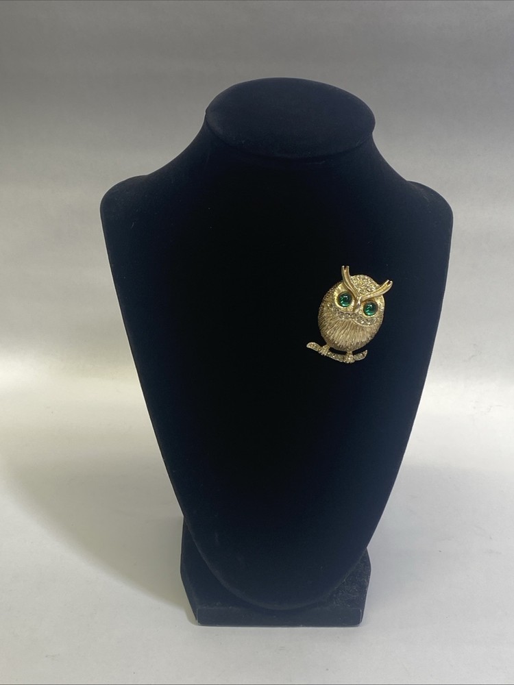 Vintage Gold-Tone Owl Brooch Pin with Green Glass Eyes Clear Rhinestone Accents