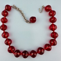 Vintage Red Glass Bead Choker Necklace Faceted Chunky Heavy Hand Knotted Czech?