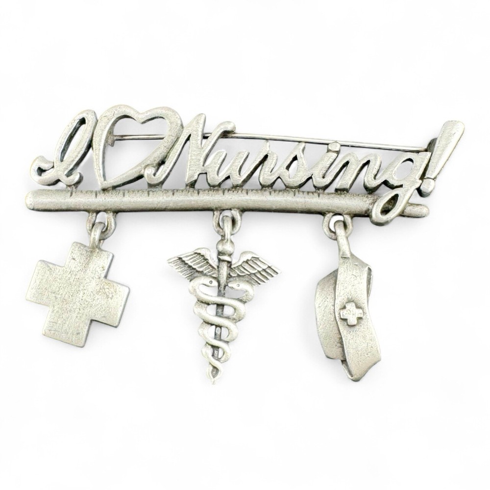 Vintage J.J. Signed “I ❤️ Nursing” Dangle Charm Brooch