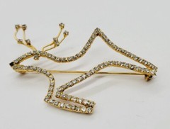Crystal Reindeer Brooch CHRISTMAS Pin Gold tone Red nose