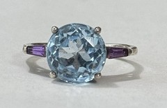 Vintage KL 925 Sterling Silver Big Sky Blue Topaz Amethyst Baguettes Ring Sz6.75