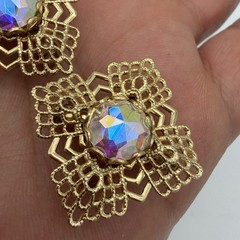 Vintage AB Rhinestone Brooch Pendant Clip On Earring Set Gold Tone Filigree Read